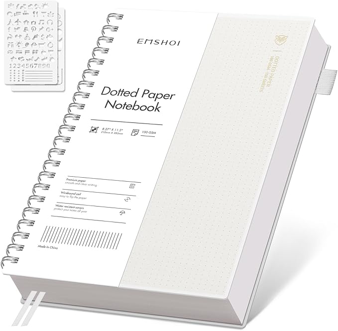 EMSHOI A4 Spiral Notebook Dotted Journal, Dotted Grid Notebook with 300 Pages, 100gsm Thick Paper, Waterproof Softcover Notebook for School Work Writing, 8.27" × 11.2" - Transparent