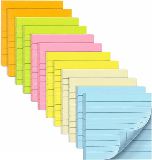 Mr. Pen- Lined Sticky Notes, 4" x 4", 12 Pads, 45 Sheets/Pad, Pastel Color