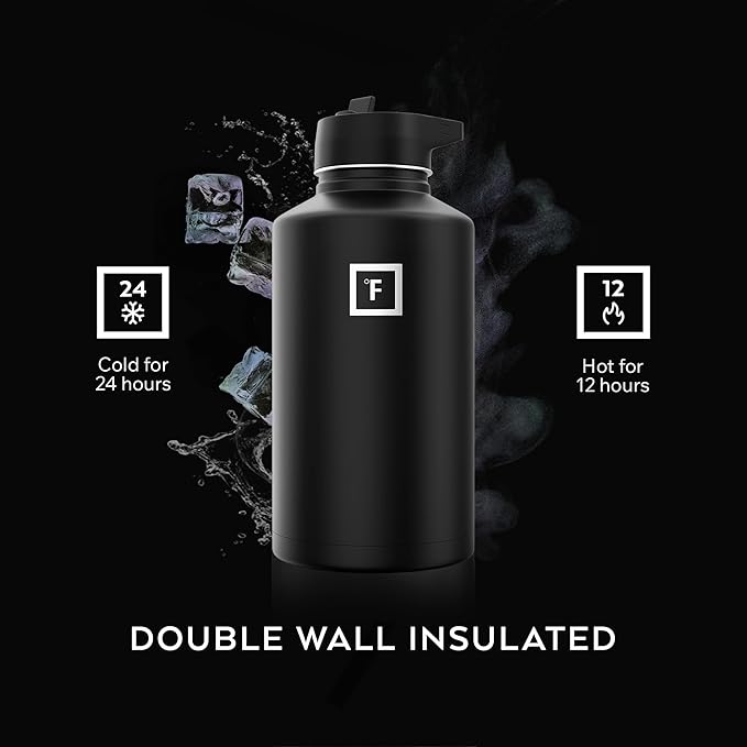 IRON °FLASK 64 oz Wide Mouth Water Bottle with 3 Lids | Insulated Half Gallon Water Bottle with 3 Leakproof Lids - BPA Free, Cold 24 Hrs, Sweat Free (Cobalt)