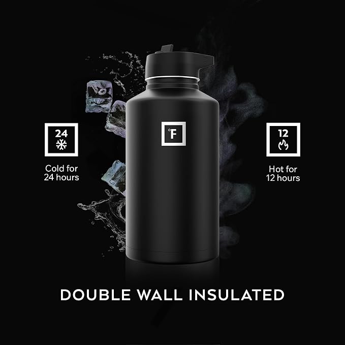 IRON °FLASK 64 oz Wide Mouth Water Bottle with 3 Lids | Insulated Half Gallon Water Bottle with 3 Leakproof Lids - BPA Free, Cold 24 Hrs, Sweat Free (Blue Waves)