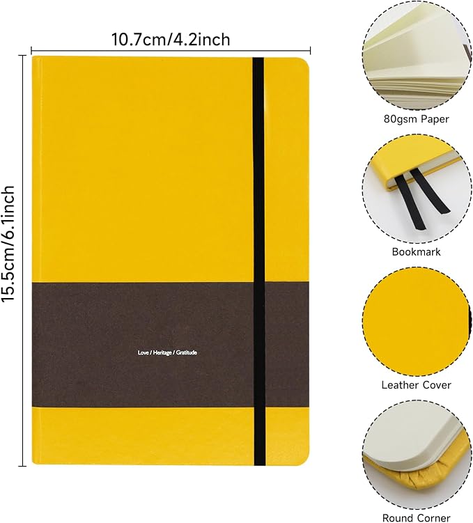 A6 Leather Hardcover Notebook - 2Pack 192 Pages Thick 100GSM Paper, Dotted/Grid/Blank, with Elastic Band & Inner Pocket for Writing, Sketching, Journaling (Yellow)