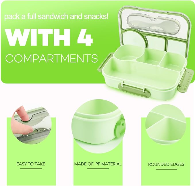 Bento Box for Adults, 4 Compartments Lunch Box, Lunch Containers, Green