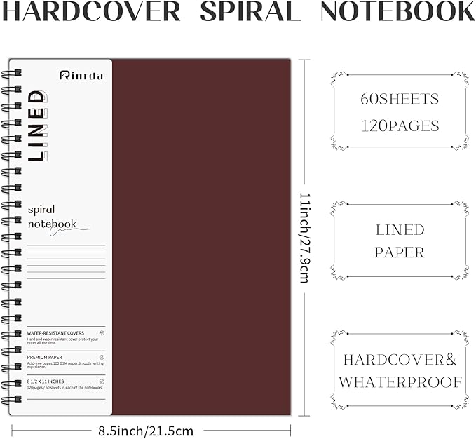 Lined Notebook Spiral Notebook 8.5" x 11"-4 Pack Large Journal Hardcover Notebook 7mm College Ruled Notebook 120 Pages 100 GSM Thick Hardcover Journal for School (LINED, Mult-color)