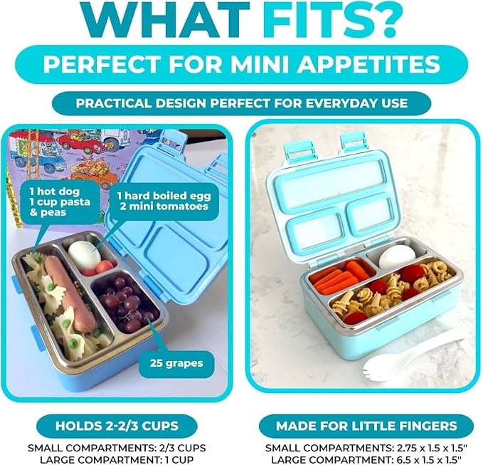 kinsho Small Stainless Steel Bento Box Lunch Container Baby Toddlers, Green | Small Bento, 3 Eco Metal Portion Sections, Silicone Seals, Leakproof Lid, Spill-Proof Meal Container for Pre-School & Daycare