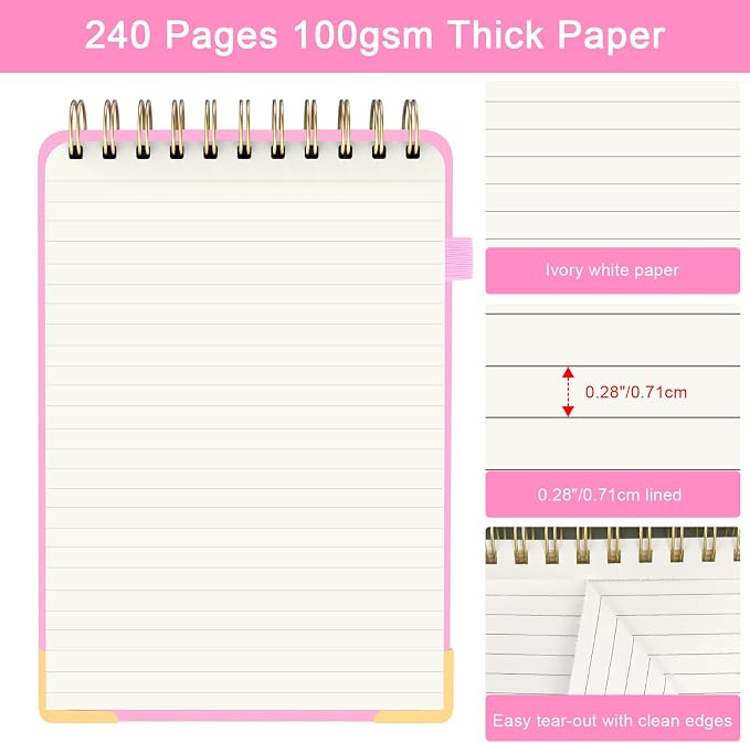 Top Spiral Notebook, A5 Hardcover Top Bound Steno Pads, 240 Pages 100gsm College Ruled Left Handed Notebook Journal for Work, School, Meeting Writing - Pink, 5.9" x 8.5"