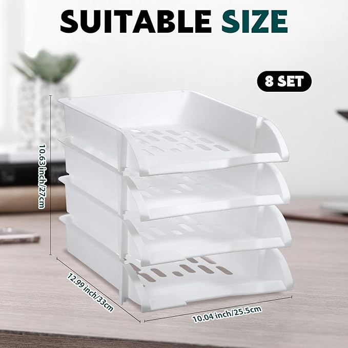 Fainne 8 Pcs Stackable Paper Trays Organizer for Desk 8 Layer Stackable Letter Trays Plastic File Organizer Tray and Stacking Supports for File Storage, 13 x 10 x 2.76'' (White)