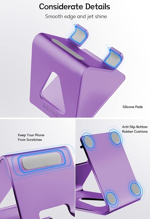 Aoviho Cell Phone Stand for Desk, Aluminum Phone Holder for iPhone 17 16 15 Pro Max, Samsung Galaxy, Stable Office Desk Accessories,Hands Free Stand for Office Home,Purple