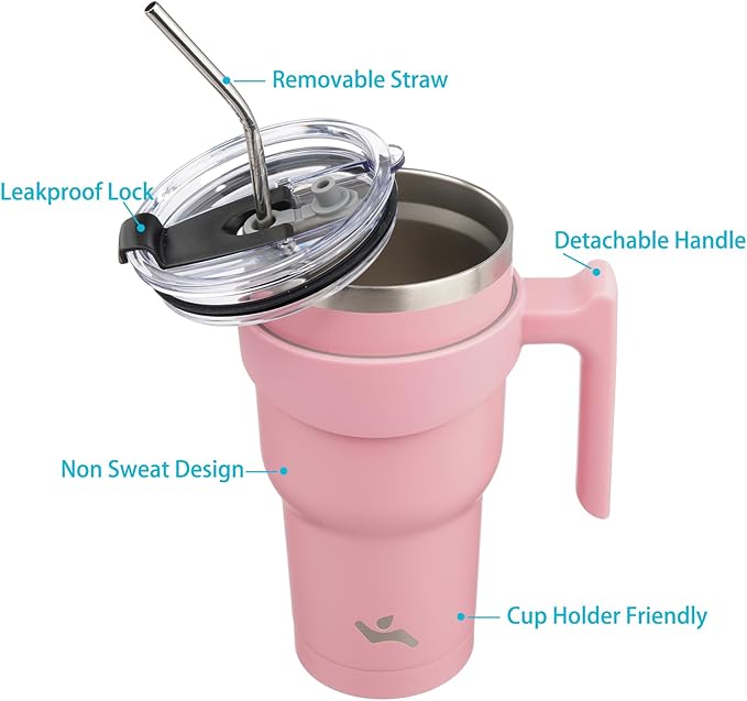 Konokyo 40 oz Tumbler with Handle and 2 Straw 2 Lid, Insulated Water Bottle Stainless Steel Vacuum Cup Reusable Travel Mug, Light Pink