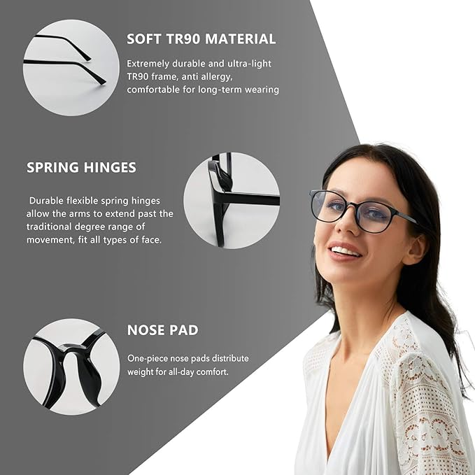 FONHCOO Stylish Blue Light Glasses Women Men Eyeglasses, TR90 Fashion Round Transparent Eye Glasses (Shiny Black)