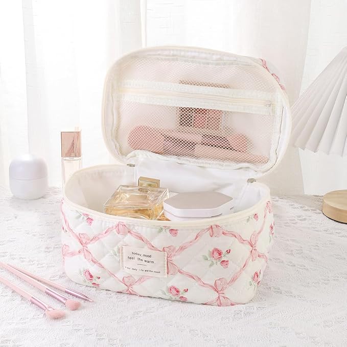 uekeboag Large Travel Quilted Makeup Bag for Women | Soft Floral Cotton Cosmetic Bag, Foldable Coquette Aesthetic Toiletry Organizer