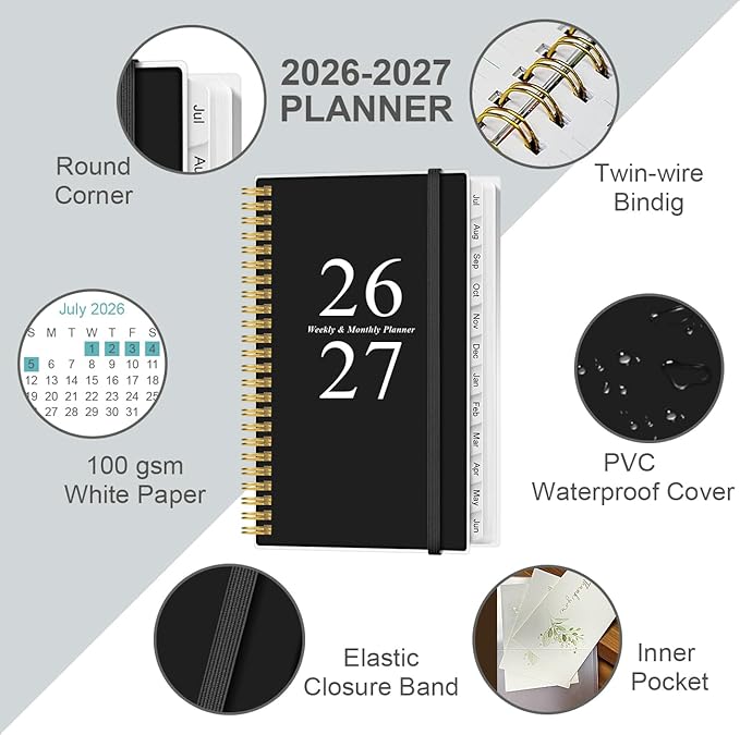 2026-2027 Pocket Planner/Calendar - 2026-2027 Planner from July 2026 - June 2026, Planner 26-27 with 12 Tabs, Twin-Wire Binding, Inner Pocket, 3.75" x 6.75, Black