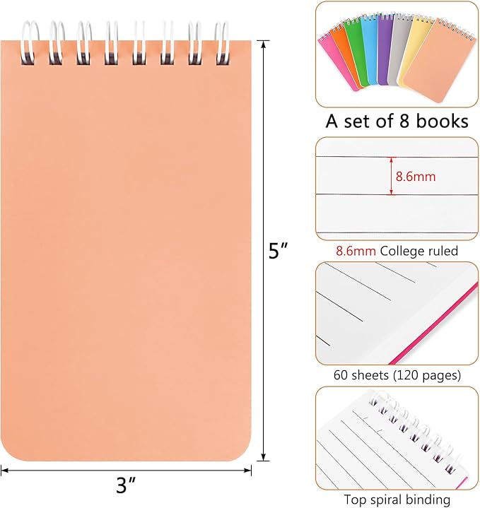 KTOJOY 8 Pack Pocket Notebook, Small Notepad, 3x5 inches, White, Lined Pages, Mini Memo Steno Pads