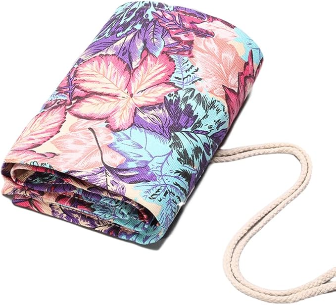 DIYOMR 24/36/72 Slots Pencil Wrap Pencil Rolls, Artist Colored Pencils Roll Up Bag Short Brushes Pouch Case Pencils Organizer for Drawing Coloring and Sketching (Maple Leaves, 24slots)