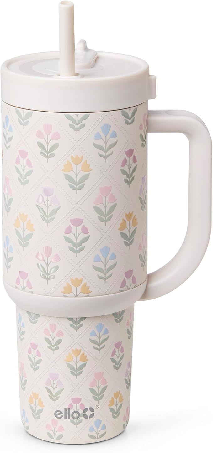 Ello Oasis 30 oz Tumbler with Handle & Retracting Straw | Reusable Insulated Stainless Steel Cup 100% Leakproof | Gifts for Teens Women | Keeps cold for 24 Hours | Cup Holder Friendly | Flower Quilt