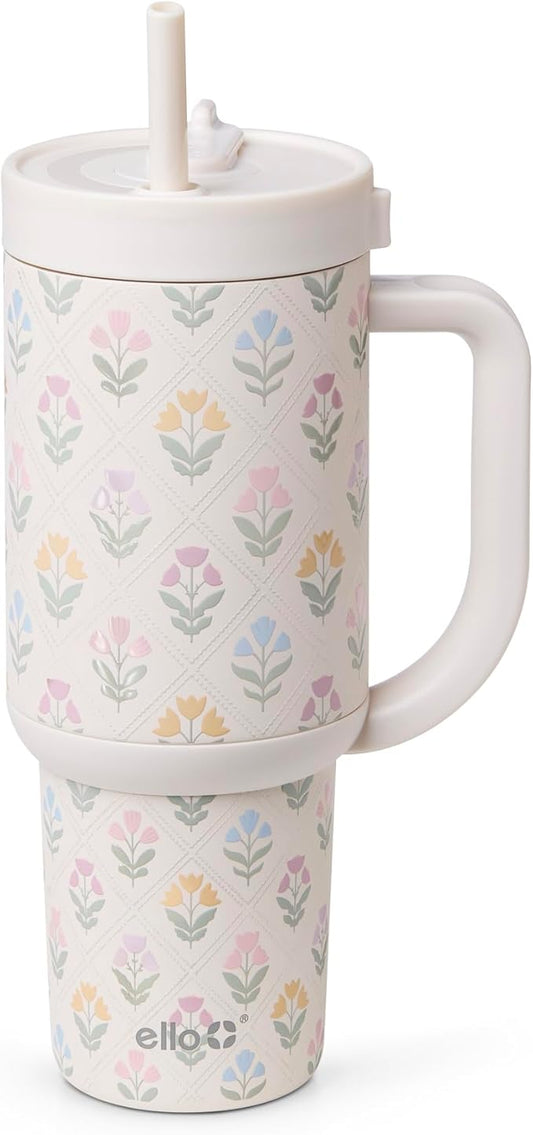 Ello Oasis 30 oz Tumbler with Handle & Retracting Straw | Reusable Insulated Stainless Steel Cup 100% Leakproof | Gifts for Teens Women | Keeps cold for 24 Hours | Cup Holder Friendly | Flower Quilt