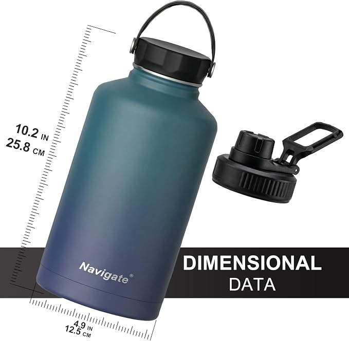 Navigate 64 oz Insulated Stainless Steel Sports Water Bottle with Spout & Handle Lids,Wide Mouth Water Jug with Double Walled Leak Proof Keep Cold for 24 Hrs Hot for 12 Hrs, Blue Gradient