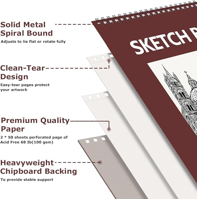 9" x 12" Sketch Book, 2-Pack 50 Sheets Spiral Bound Art Sketchbook, Acid Free Artist Drawing Book Paper, Art Supplies for Kids, Craft Activities, Sketch Paper for Drawing Coloring Sketching(Brown)