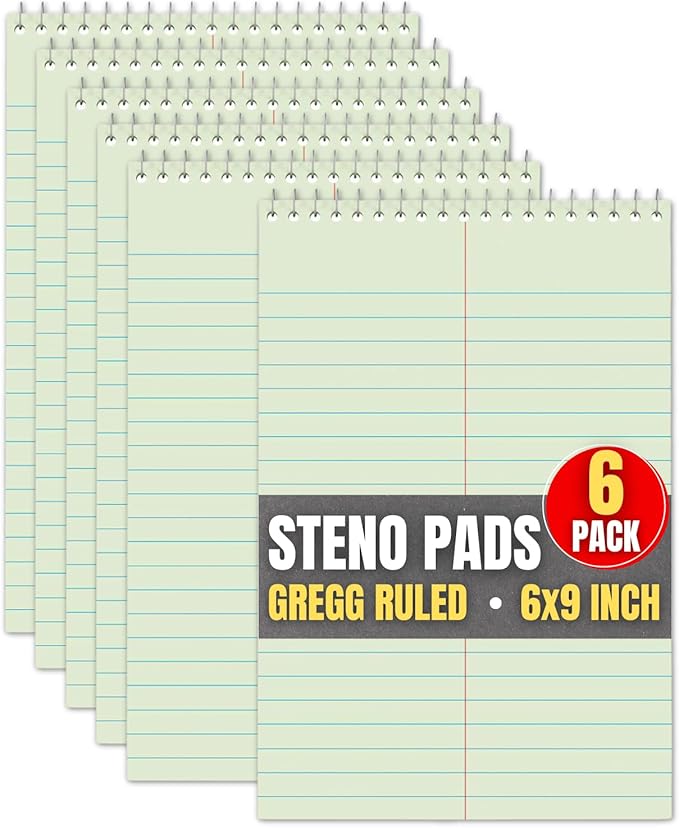 1InTheOffice Steno Pads 6x9, Steno Pads, Spiral Steno Pads, Gregg Rule, Green Tint, 6 x 9, 80 Sheets, 6/Pack