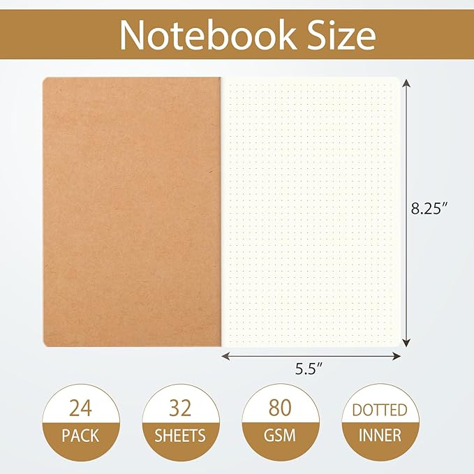 zmybcpack 24 Pack 8.25x5.5 Inches Dot Grid Paper Notebook/ A5 Size Dot Journal Notebook, Dot Grid Subject Notebooks Wire-Bound with Kraft Cover, 32 Sheets/64 Dot Pages
