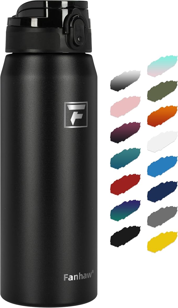Fanhaw 24 oz Insulated Stainless Steel Water Bottle with Anti-Dust Chug Lid, Leakproof Vacuum Metal Everyday Use Bottle for Kids, Teens & Adults, Back to School Essentials (Black)