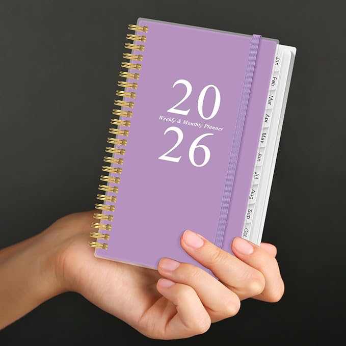 2026 Pocket Planner/Calendar - 2026 Planner from January 2026 - December 2026, Planner 2026 with 12 Tabs, Twin-Wire Binding, Inner Pocket, 3.75" x 6.75", Purple