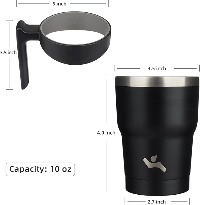 Konokyo 10 oz Tumbler with Handle and 2 Straw 2 Lid, Insulated Water Bottle Stainless Steel Vacuum Cup Reusable Travel Mug,Black