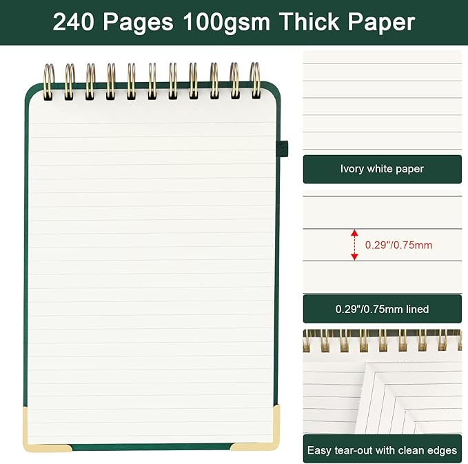 Mousbull A5 Top Spiral Notebook, Large Leather Hardcover Top Bound Steno Pads, 240 Pages 100 gsm Thick Lined Paper Left Handed Notebook Journal for Work, School, Meeting Writing - Green, 5.9" x 8.5"