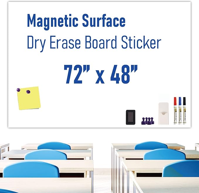 Large Magnetic Whiteboard for Wall - Adhesive Backing 72" x 48" Dry Erase Board White Board Sheet for Conference Room Office Home Include Starter Kit