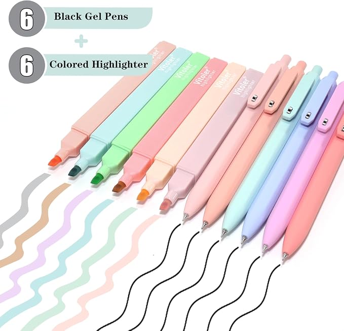 Vitoler Bible Highlighters and Pens, 6 Black Pens & 6 Highlighters | for Study, Journaling and Office Best Gifts for Teacher Nurse Mothers Day