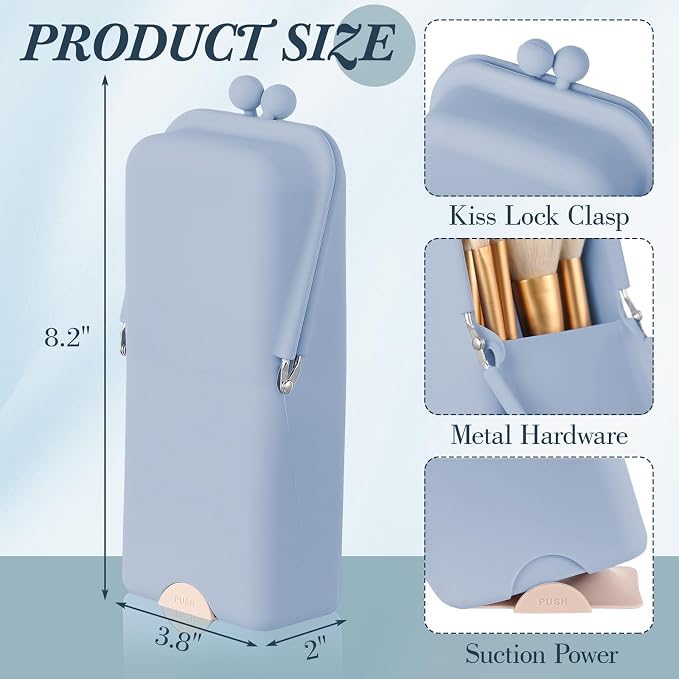 Kacctyen Makeup Brush Case Silicone Standing Makeup Brush Holder,Light Blue | Silicone Make up Travel Bag with Suction Portable Cosmetic Organizer Phone Stand Pouch for Travel Home Back to School Use