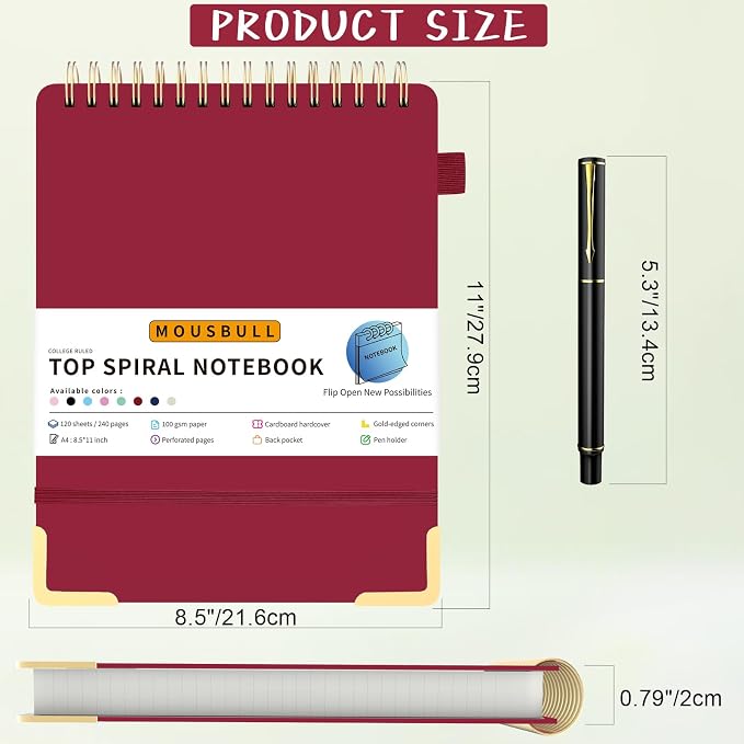 Mousbull Top Spiral Notebook, A4 Hardcover Top Bound Steno Pads, 240 Pages 100gsm College Ruled Left Handed Notebook Journal for Work, School, Meeting Writing - Red, 8.5" x 11"