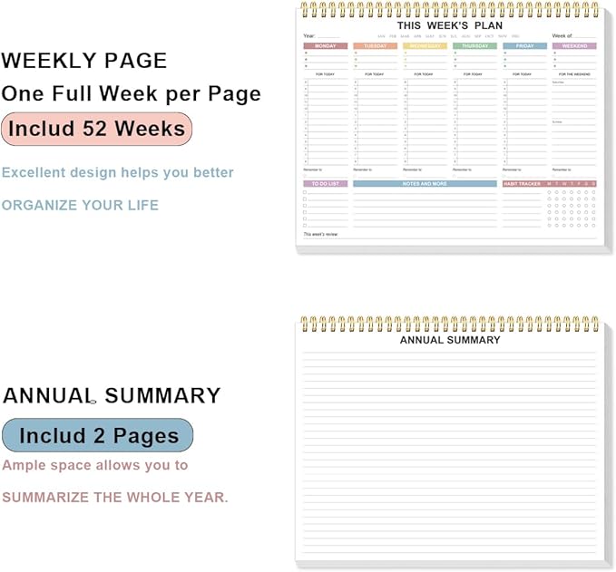 Undated Weekly Planner - 8.5" x 11" Undated Daily Productive Weekly To Do List Notepad for Home, Work, School, Projects, 52 Weeks, Clean Colorful Design