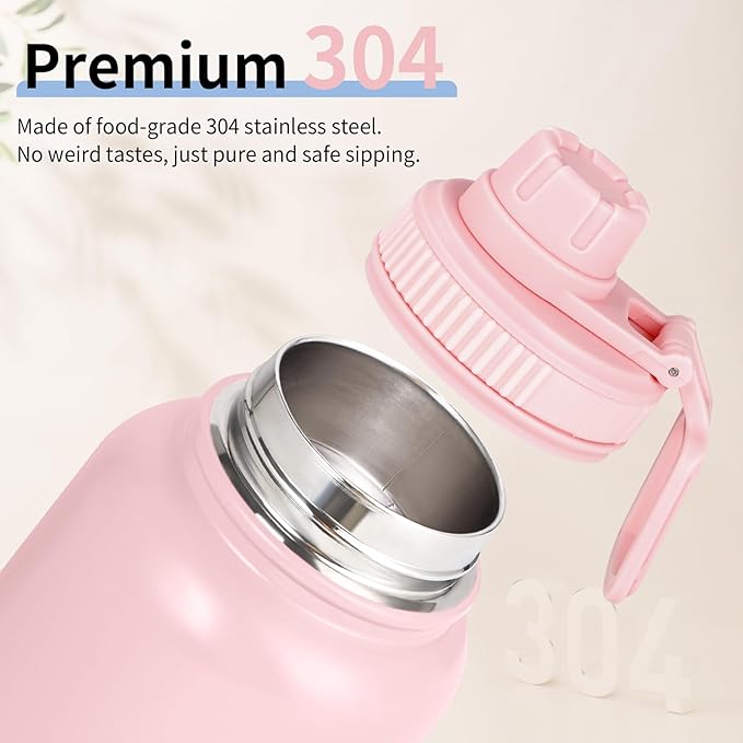Gulex Water Bottle 32oz - Leakproof & BPA Free Sports Water Bottle Carry Strap for Gym, Travel and Outdoor Sports (Stainless steel insulation-Pink)