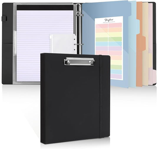 SKYDUE 3 Ring Binder with Clipboard, 13.2" × 10.2" Faux Leather 1 Inch Binder Organizer with 5 Pocket Dividers, Notepad, Labels & 2 Storage Pockets for Teachers, Students, Nurses & Office Work