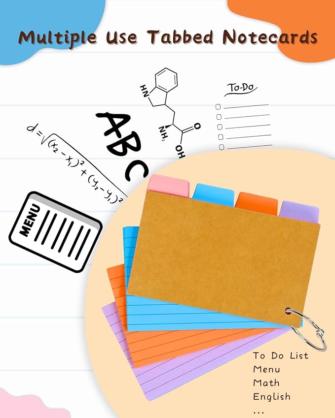 Tabbed Index Cards with Ring 3x5, Lined Colored Flash Card with Tabs, Assorted Colors Thicken Notecards School Supplies for Students Study Note Office Essentials (ColorA+ColorB+White, 300PCS)