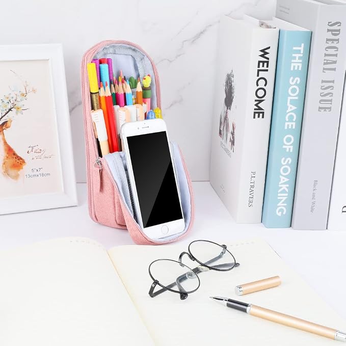 iSuperb Standing Pencil Case 2 Compartments Pencil Pouch Magnetic Mobile Phone Holder Bracket Pen Bag Large Capacity Phone Pouch College Stationery Organizer Storage for Kids Boys Girls