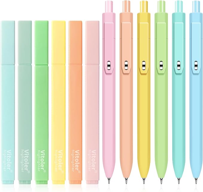 Vitoler Highlighters and Gel Pens set 12 Packs，No Bleed Fast Drying Pens | for Teacher Nurse Study, Journaling and Office Supplies