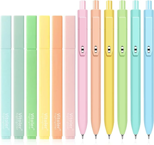 Vitoler Highlighters and Gel Pens set 12 Packs，No Bleed Fast Drying Pens | for Teacher Nurse Study, Journaling and Office Supplies