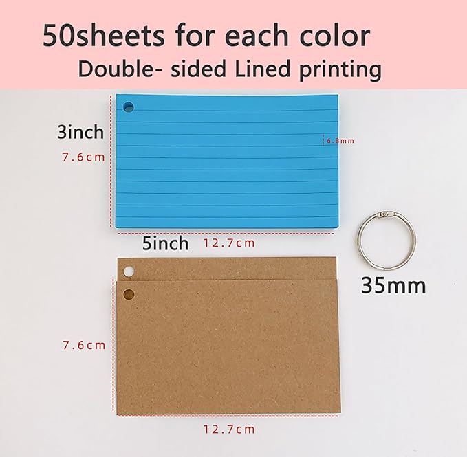 150pcs Colored Index Cards 3x5 Inches Flash Cards with Ring Lined Ruled Study Card for Learning, Studying Memory Office College Recipe Game Cards (3 color A-150pcs)