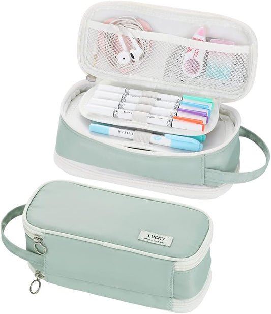 Dugio Large Pencil Case Organizer Big Pencil Bag for Girls Teens Green | Kids Zipper Pencil Pouch Aesthetic Stationery Pen Pencil Box Back to School, Large Capacity Design, Thick Multi-layer Fabric