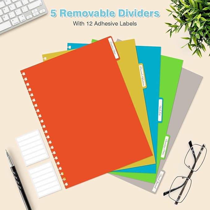 5 Subject Notebooks College Ruled, Spiral Lined Notebook with Removable Dividers, 300 Pages 100GSM Thick Spiral Writing Journal for Women & Men, Large A5 Notebooks for Work, School Supplies, 6" x 8"