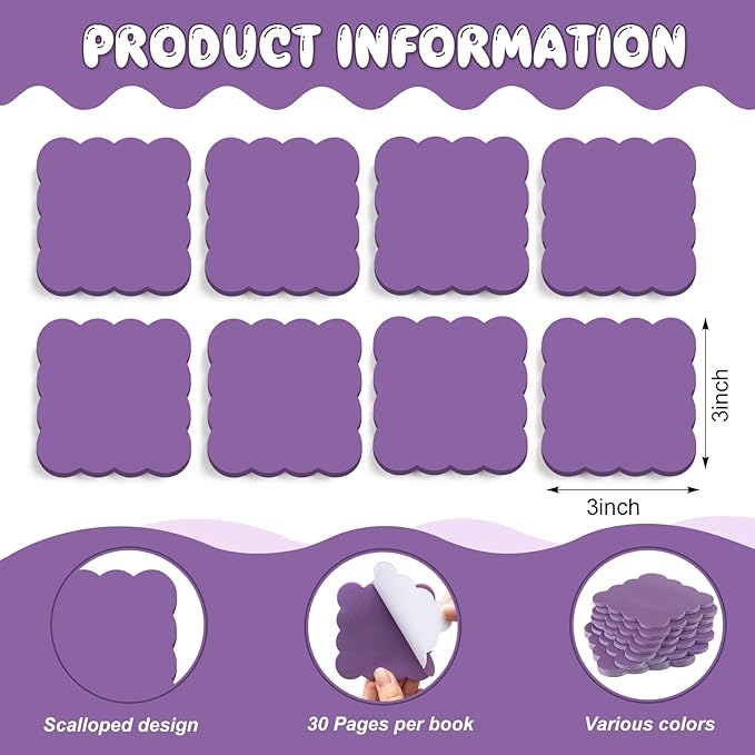 Eaasty 8 Pack Scalloped Aesthetic Sticky Notes Bulk Purple Colors Cute Wavy Self Sticky Note Pads 3" x 3" Blank Note Pads for Back to School Office Supplies 240 Sheets