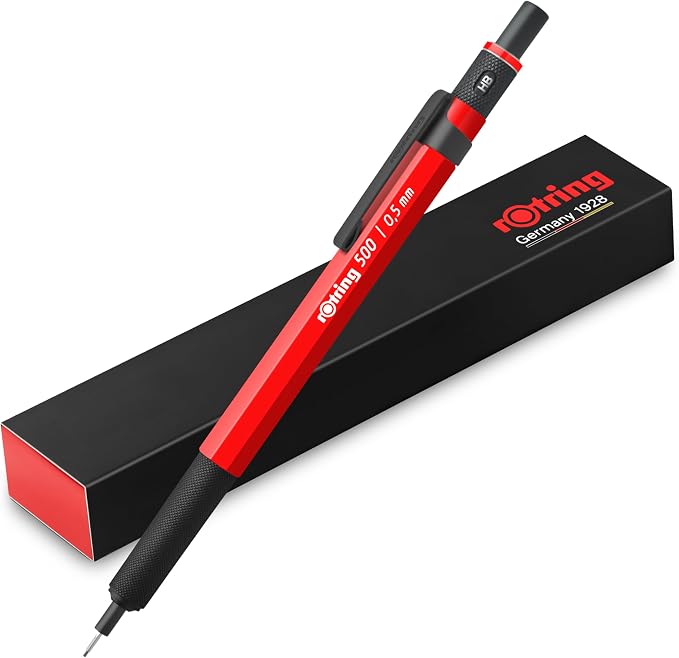 Rotring 500 Mechanical Pencil, Red and White Hexagonal Plastic Barrel and Non-Slip Textured Metal Grip, 0.5mm, HB Lead, 1 Count