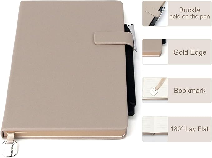 A5 Hard Cover Notebook with Pen Holder, Gold Edges & 180° Lay Flat - Large 5.7x8.4 Lined, Bookmark, Gift Box - Durable Journal for Office, Study, Travel - Writers, Students（Light Coffee）