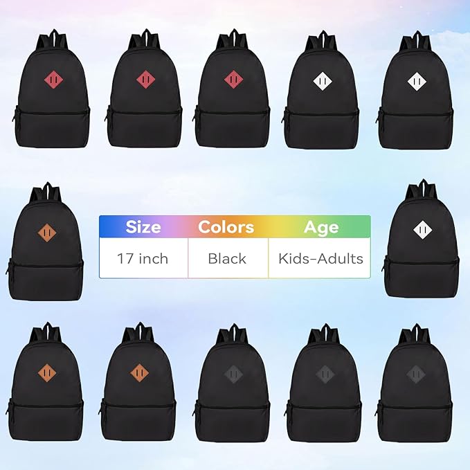 12 Pack Backpacks in Bulk,17-inch Lightweight Bookbags for Elementary,Middle,and High School Students,Bulk Backpacks for Kids,Boys,Girls,Classroom,Travel,Gym Supplies (Black)