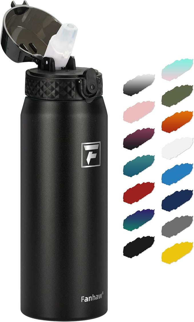 Fanhaw 24 Oz Kids Insulated Stainless Steel Water Bottle with Straw Lid, Leakproof & Anti-Dust Everyday Use Bottle for School, Women & Men, Back to School Essentials (Black)