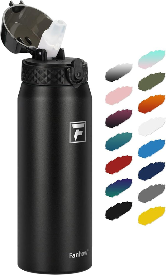Fanhaw 24 Oz Kids Insulated Stainless Steel Water Bottle with Straw Lid, Leakproof & Anti-Dust Everyday Use Bottle for School, Women & Men, Back to School Essentials (Black)