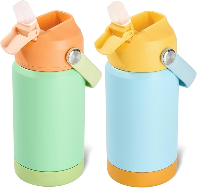 Kerilyn 12oz Kids Water Bottle 2 Pack, Stainless Steel Insulated Water Bottle Bulk, Toddler Cups with Straws Leak-Proof, Kids Water Bottles for School Boys Girls, BPA Free, 2 Piece Set Ocean Couple