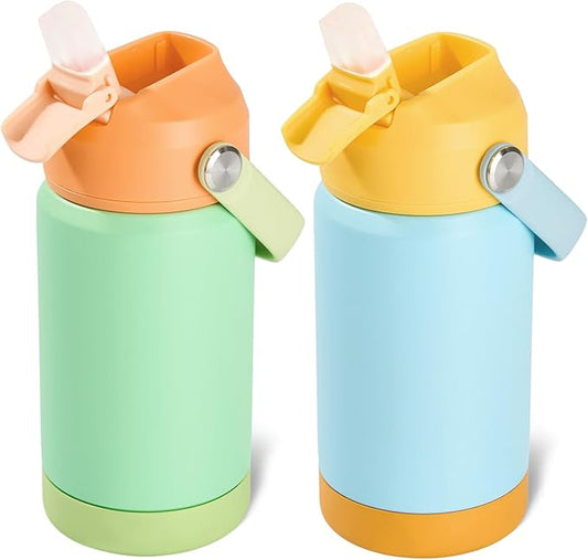 Kerilyn 12oz Kids Water Bottle 2 Pack, Stainless Steel Insulated Water Bottle Bulk, Toddler Cups with Straws Leak-Proof, Kids Water Bottles for School Boys Girls, BPA Free, 2 Piece Set Ocean Couple