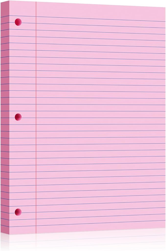 Pink Loose Leaf Paper 100 Sheets 8" x 10.5" Filler Paper, College Ruled 3-Hole Punched, Notebook Paper for 3-Ring Binders Notepad Writing Note Pads To-Do Lists for Office & School Supplies